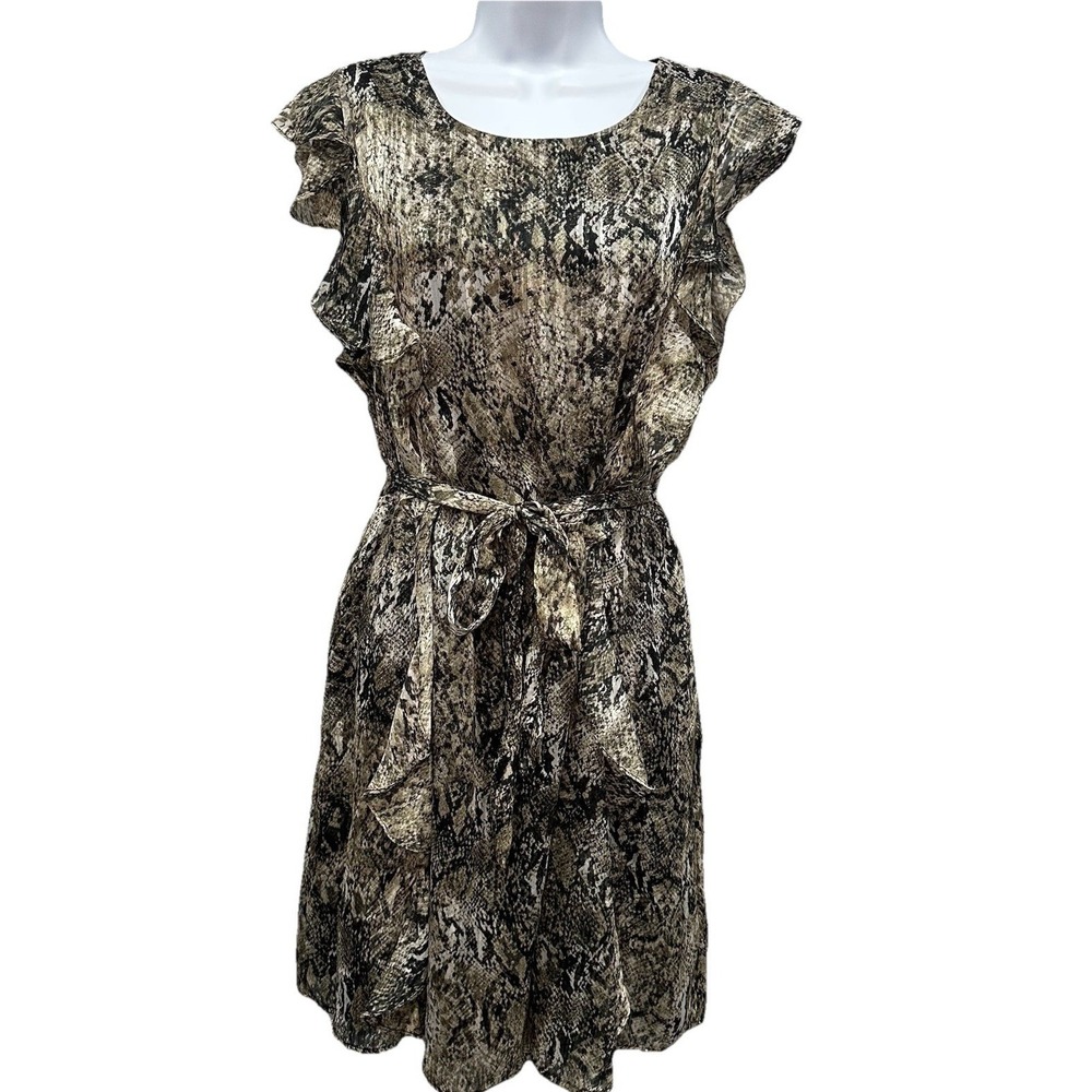 Bar III Dress Women's Sz Large Animal Print Ruffled Mini Lining Belted Pull Over